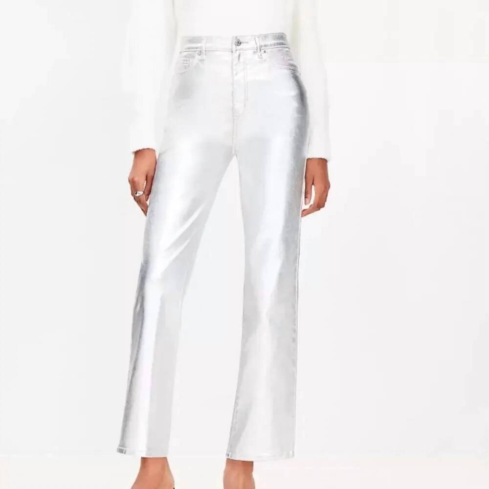 NEW ANN TAYLOR coated high rise straight leg jeans in silver